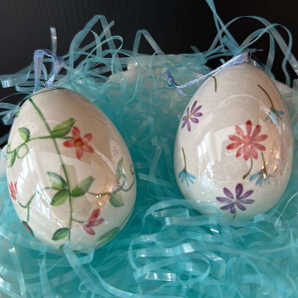 2 VTG Lusterware Glass Eggs Iridescent Floral Hand Painted Ornaments